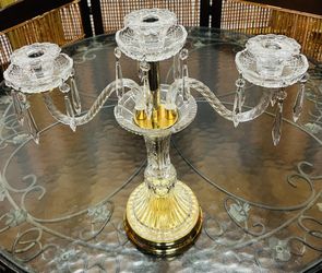 Vintage Quality Crystal Clear Candelabra With Three-Arm 15 Tear Drop Prism Design 18”Tall 