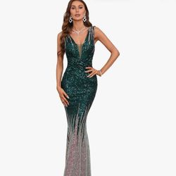Size M Women Sequin Bridesmaid Dress V-Neck Sleeveless Party Maxi Dress Mermaid Formal Evening Prom Gowns