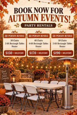 Tables, chairs, canopy, heaters