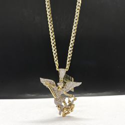 14k solid gold curb Diamond cut chain and San Miguel de Arcángel , necklance gold 💎