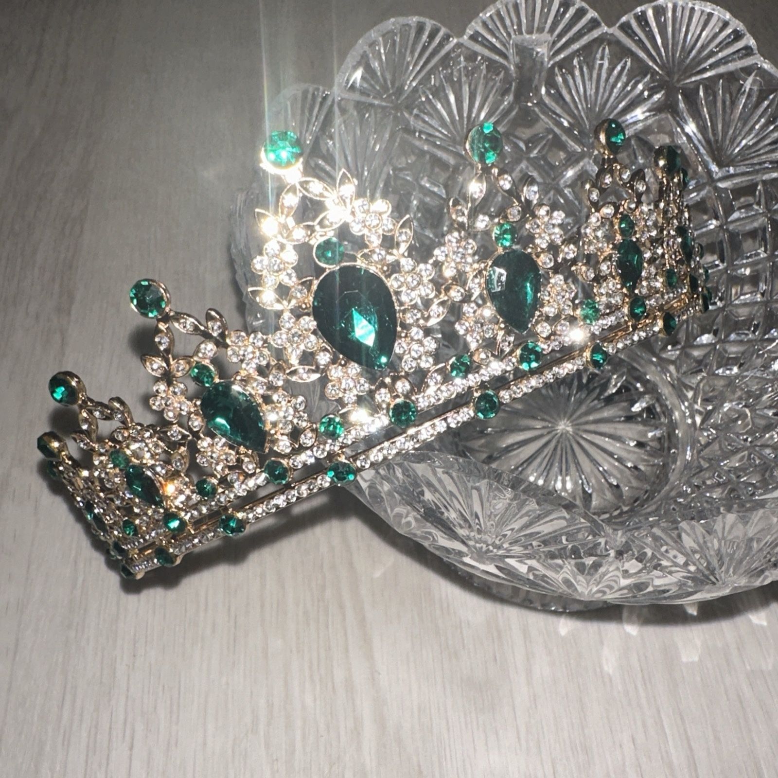 Gold & Green Rhinestone Princess Crown Tiara for Birthday Girl Jewelry Gift 