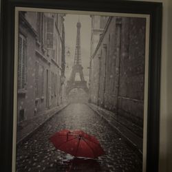 PARIS BLACK AND WHITE RED UMBRELLA ART FRAMED POSTER PICTURE PRINT ARTWORK