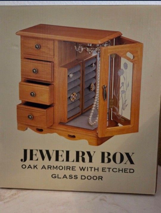 Jewelry Box Oak Armoire with Etched Glass NIB 2003 Target