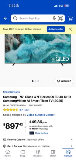 75” QLED 4K Samsungvision AI Smart TV