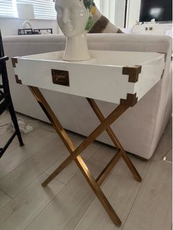 White Lacquer Butler Tray Table with Brass Folding Stand