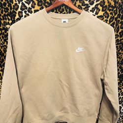 Y2K Nike Beige Crewneck Logo Swoosh Embroidered Sweatshirt Pullover Large