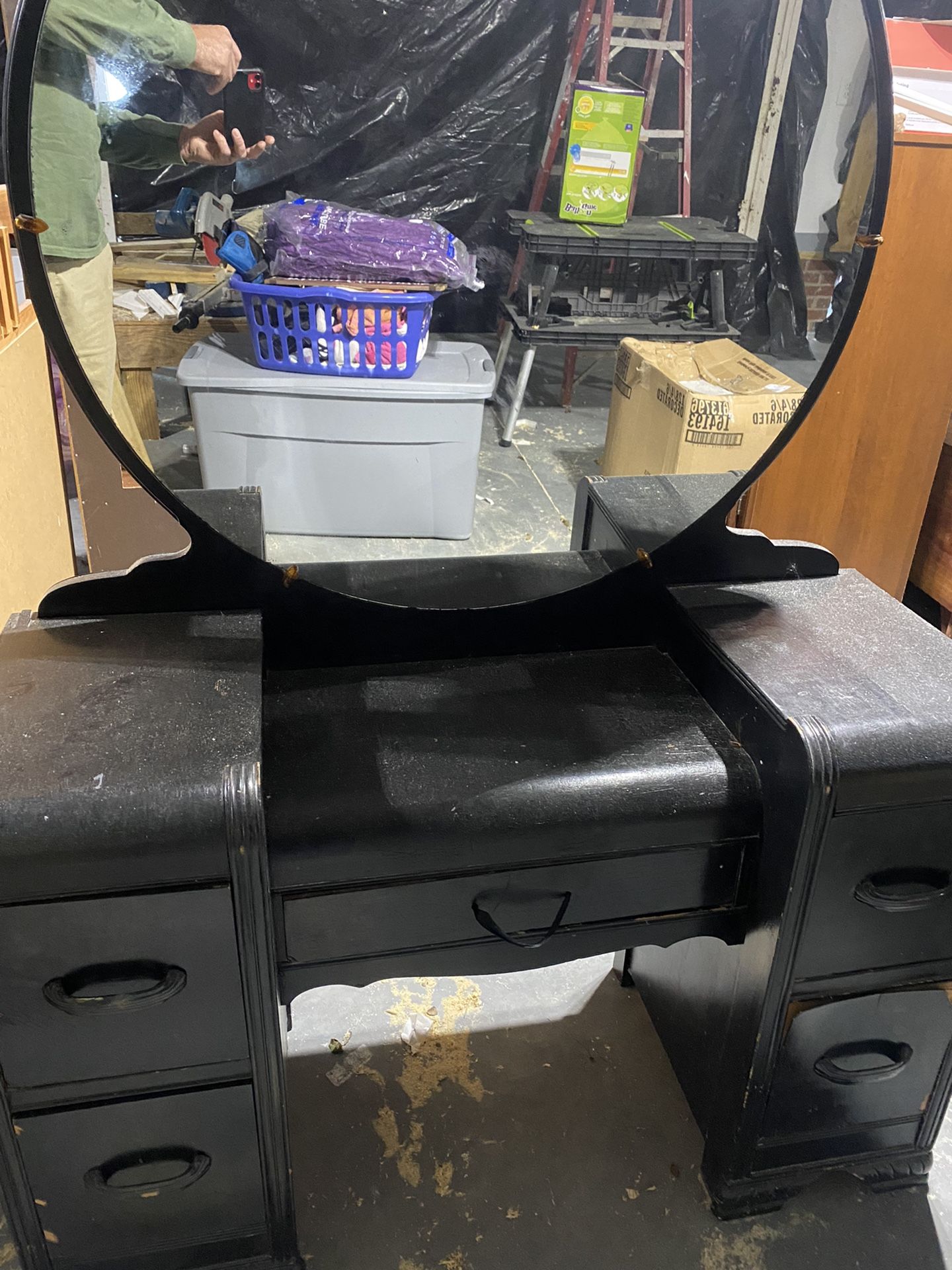 Antique Vanity   Wood W/  Mirror