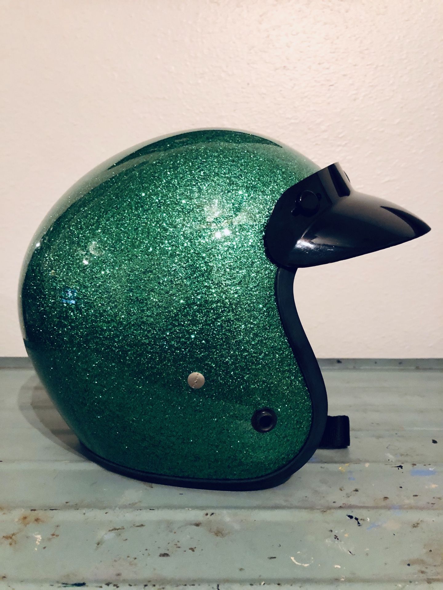 Small Motorcycle Helmet green glitter