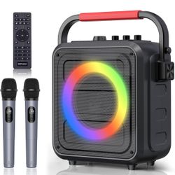 Bluetooth Karaoke Speaker with Two Wireless Karaoke Microphones, PA System Speaker Supports TF Card/USB, AUX in, REC, Bass & Treble 