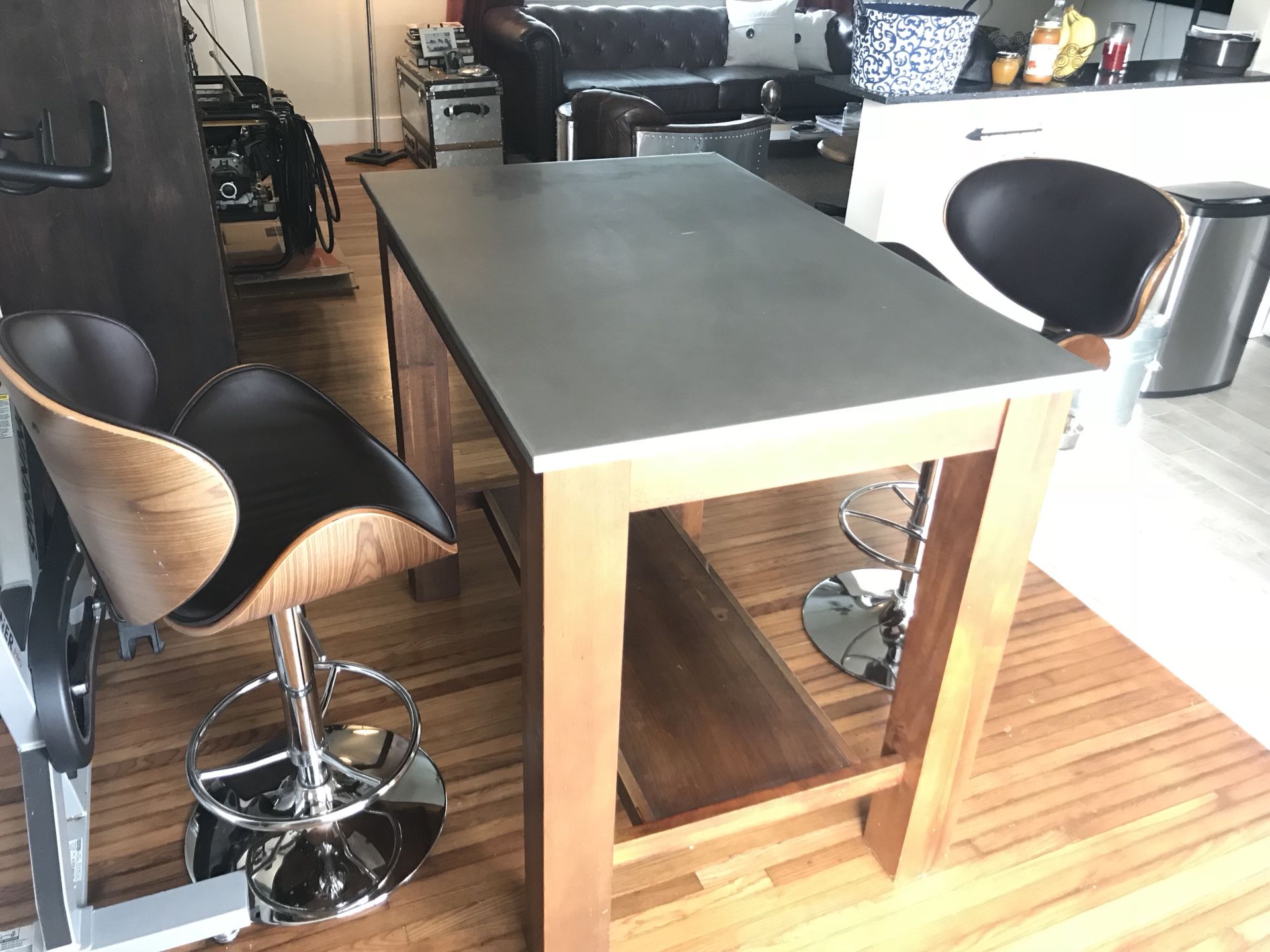 West Elm kitchen island/Dining table and 2 high top chairs