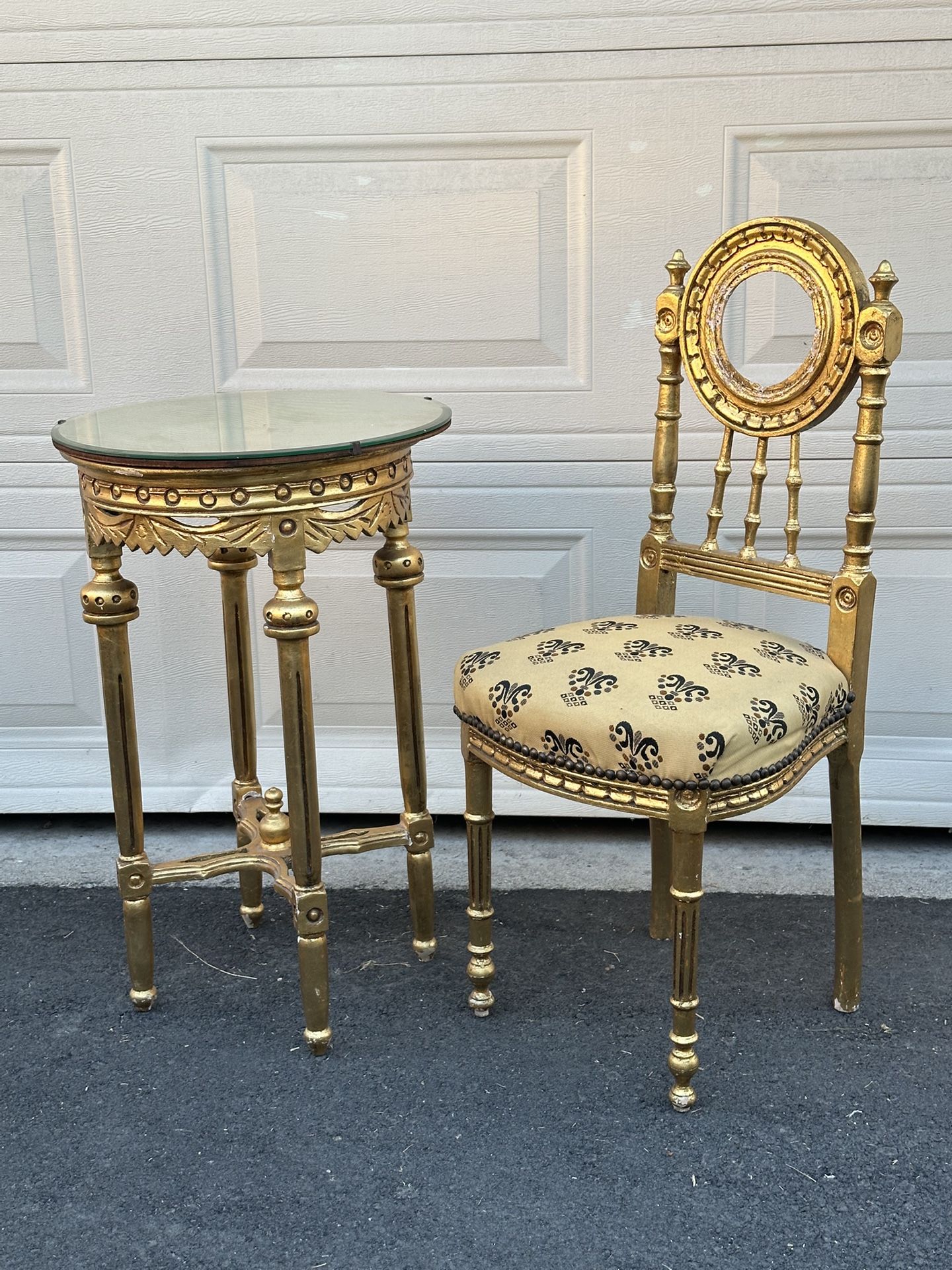 Vintage French style Hollywood regency Gold Leaf Vanity Chair And Side Table with mirror on top $267.00 EACH
