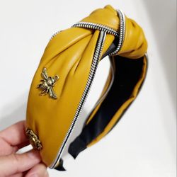 Yellow mustard faux leather Knot Large bee Headband Hair Band Pin Gift