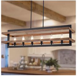 Farmhouse Dining Room Light Fixtures Rectangle Chandeliers Kitchen Island Lighting Vintage Pendant Lights Fixture 6-Lights Wood Grain Iron=Q5-789