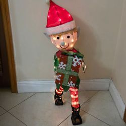 Outdoor/Indoor Lit Christmas Elf with Gifts 38"H, 50 Steady Lights - Used + Box/Stake