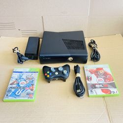 Microsoft Xbox 360 Slim Console 4GB With One Controller, Power Brick, HDMI cord and 2 Games. Console is fully tested and works great.  The console com