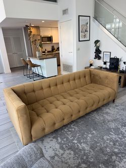 Camel Velvet Tufted Sofa - 3 Seat, Mid Century Legs