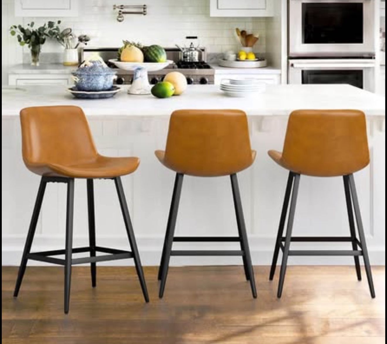 24 inch Counter Stool, Modern Bucket Barstool Set of 3, Barstools with Back and Footrest, Faux Leath