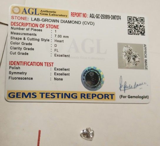 Certified AGL 1 Carat Heart Lab Grown Diamond (CVD) Color D FL Flawless