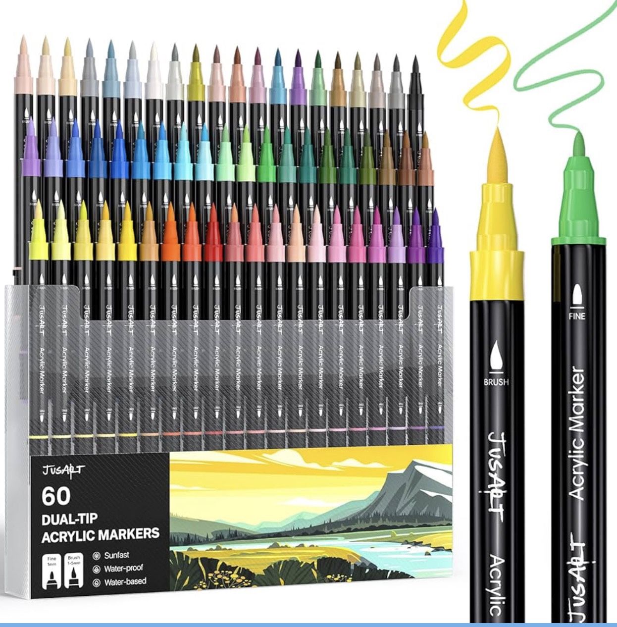 60 Colors Dual Tip Paint Markers, Brush AND Fine Tip! Comes w/12 Metallics!