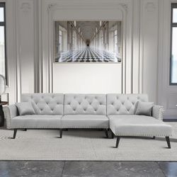 New! Light Grey Velvet Fabric Adjustable Sectional *FREE SAME-DAY DELIVERY*