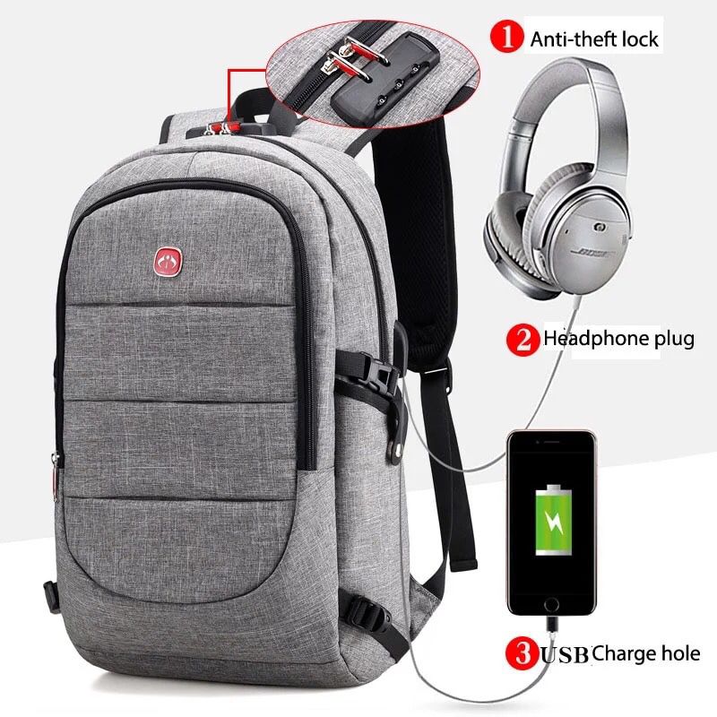 Backpack with anti theft and usb Charger grey