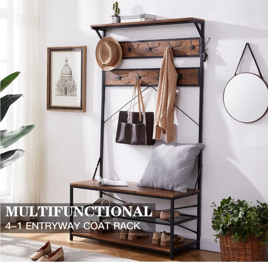 3-in-1 Entryway Coat Rack, Vintage Industrial Hall Tree 72 Inch with Storage Bench and Coat Racks Entryway Storage Shelf Organizer with 9 Hooks, Large