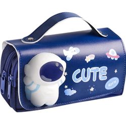 Cute Astronaut Pencil Case Large Capacity Zipper Stationery Storage Box with Handle (8.3”x4.1”)