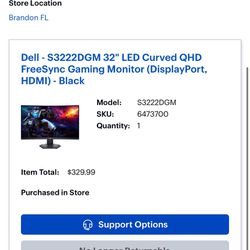 BRAND NEW In Box 32” Curved Dell S3222DGM Gaming Monitor 1440p 175hz.