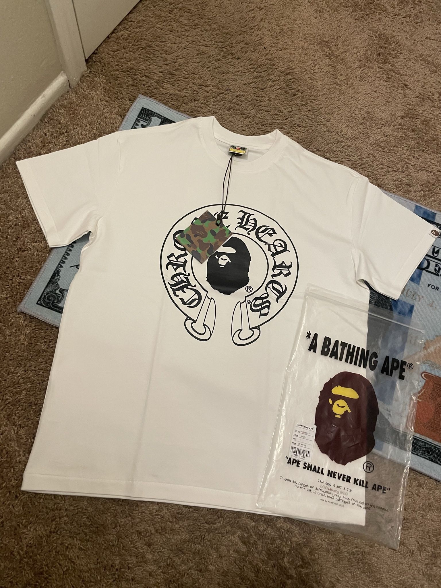 White chrome heart Bape tee