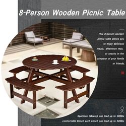 Outdoor 8 Person Picnic Table, 8 person Round Picnic Table with 4 Built-in Benches, Umbrella Hole, Outside Table and Bench Set for Garden, Backyard, P