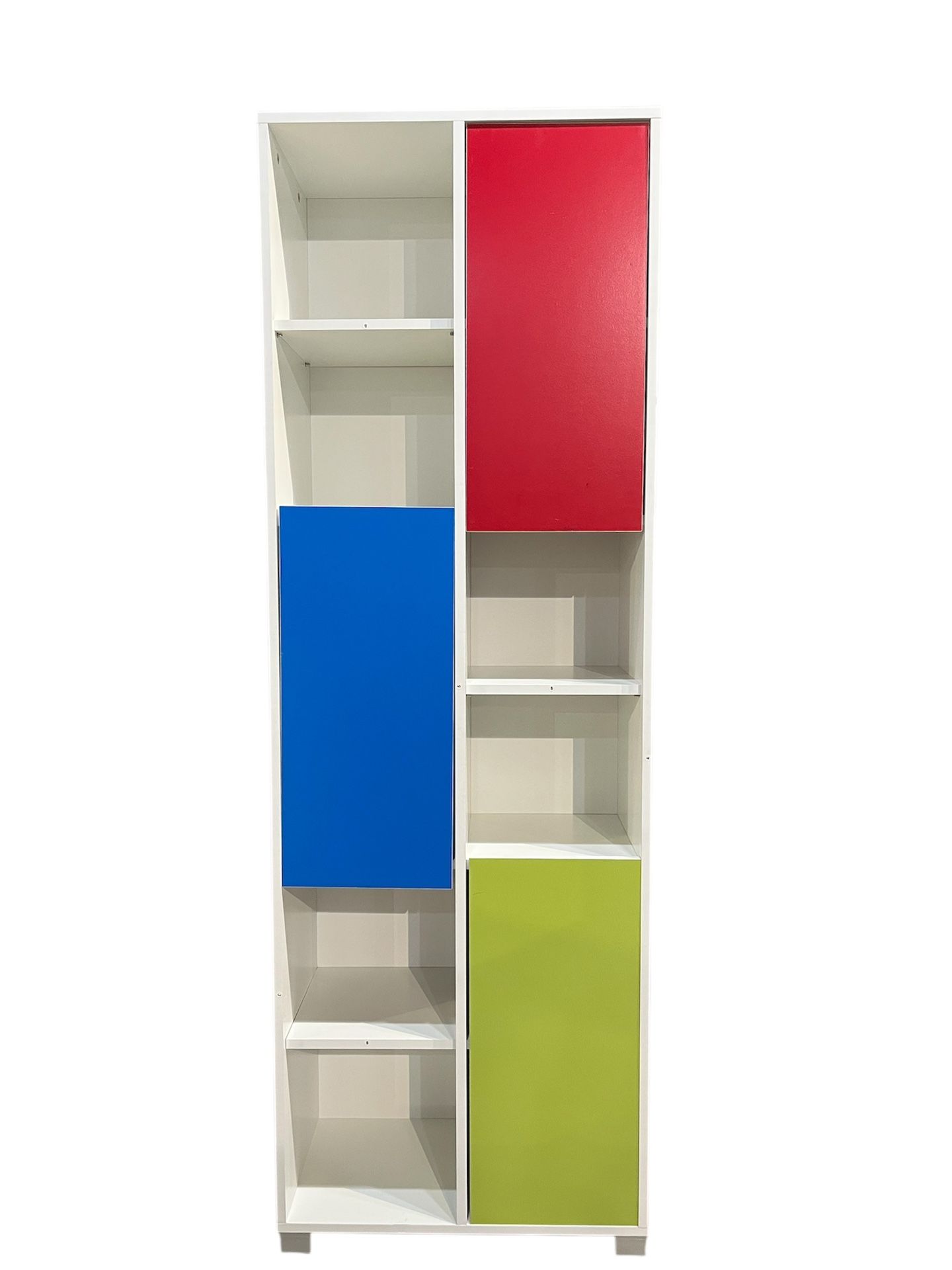Multicolor Storage Cabinet – Bookcase with Shelves & 3 Doors – Red, Green, Blue, White Organizer