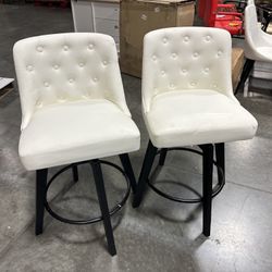 #041505 26 inch Swivel Upholstered Counter Height Bar Stools with Tufted Back Set of 2, Faux Leather in Pure White