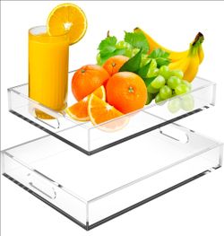 Acrylic Serving Tray Set of 2-16x12 & 15.4x11.9 Inch Clear Luxury Trays for Kitchen, Dining, Bathroom Organizer - Non-Slip, Scratch-Resistant, Spill-P
