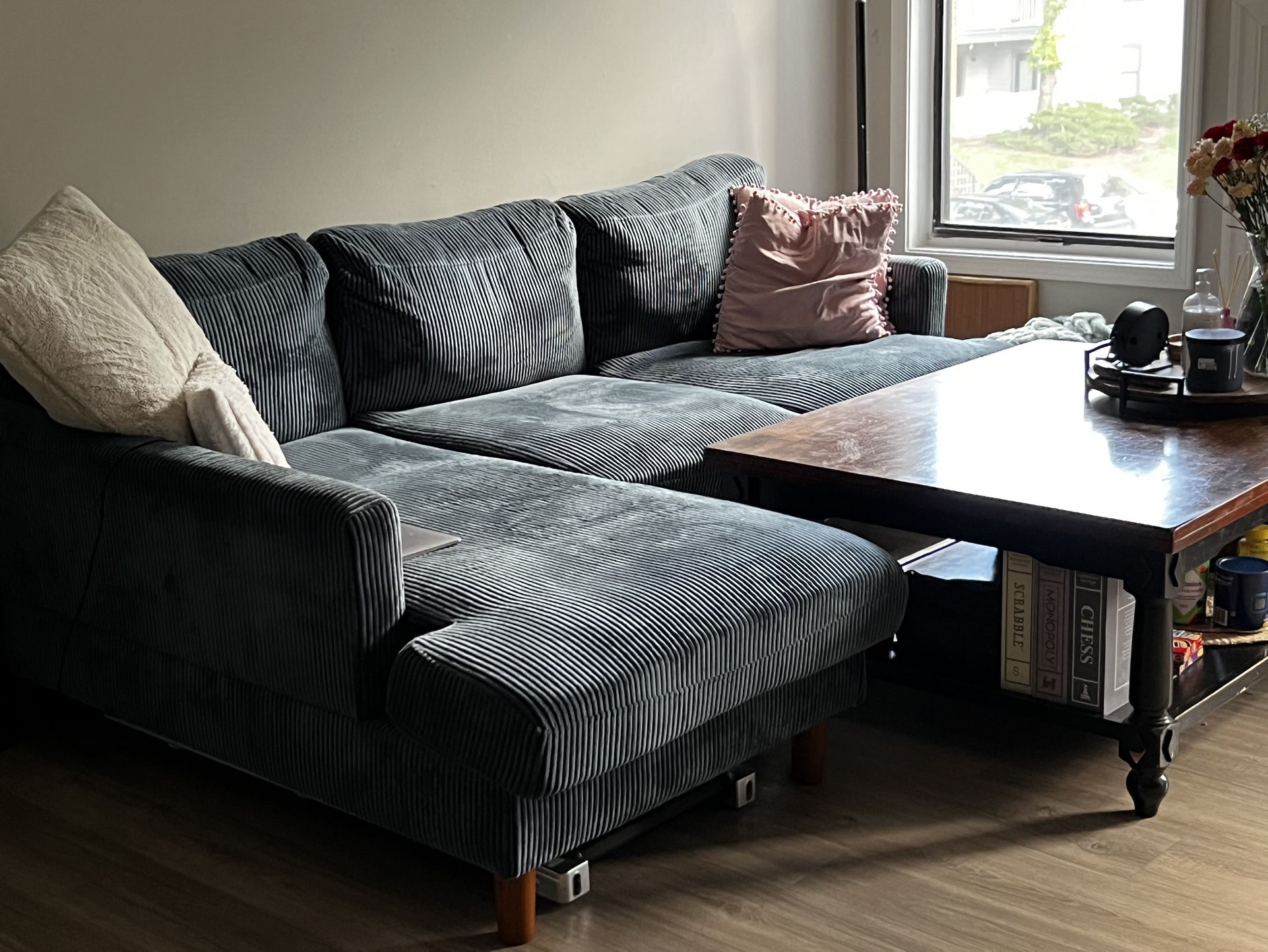 🏠 STUNNING Royal Sage Green Striped Sectional Sofa with Chaise - Must See! Perfect for Modern Living Room 🏠