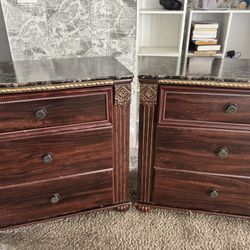 Elegant Oakwood Nightstands with Brown Marble Tops – Set of 2 