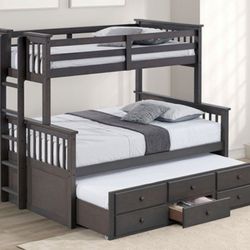 Brand New Grey Twin Over Full Bunk Bed w Trundle Bed  + Drawers 
