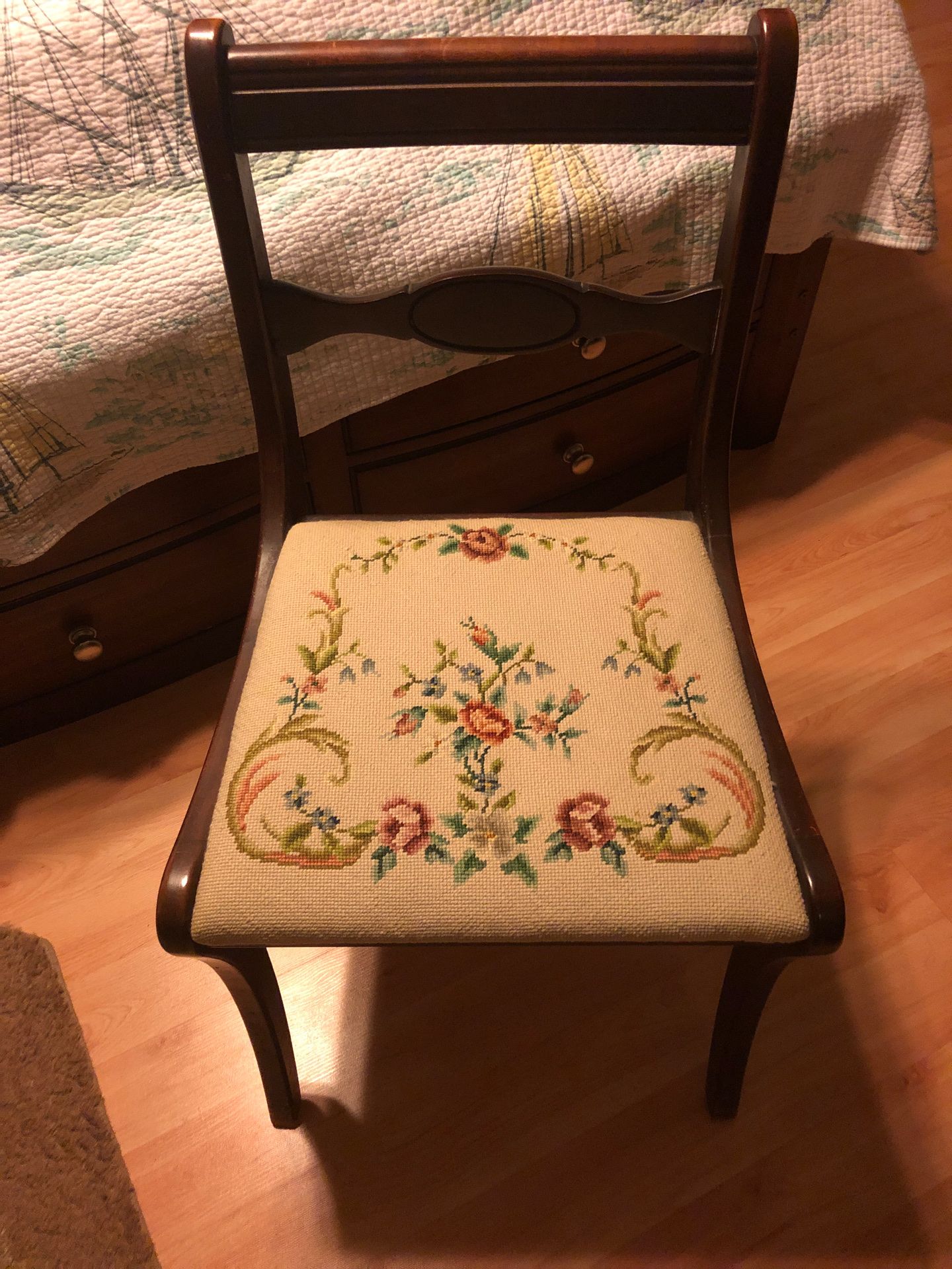 Beautiful antique chair with needlepoint seat