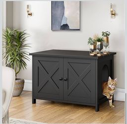 Cat Litter Box Enclosure, Litter Box Furniture Cabinet Hidden with Removable Divider, Wooden Cat House with End Table, Black, 31.5 inch
