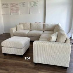 Brand New Ivory Corduroy Sectional Sofa Couch +Ottoman (New In Box) 