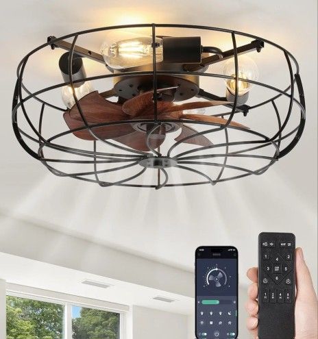 Lediary 20in Caged Ceiling Fan Black With Woodgrain Blades Lights N Remote 6speed Reverse Timer New