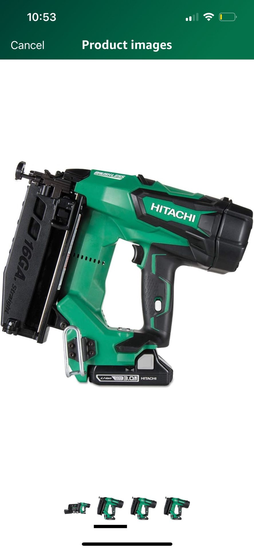 Hitachi NT1865DM 18V Cordless Straight Finish Nailer, Brushless Motor, 16 Gauge, 1" to 2-1/2" Nails, Compact 3.0 Ah Lithium Ion Battery, Zero Ramp-Up