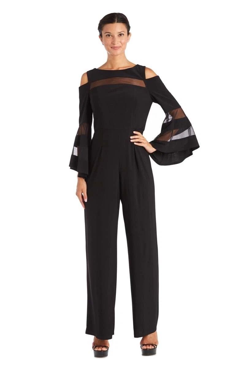 R&M Richards Black 2469 Cold Shoulder Illusion Bell Sleeve Jumpsuit– Size 6