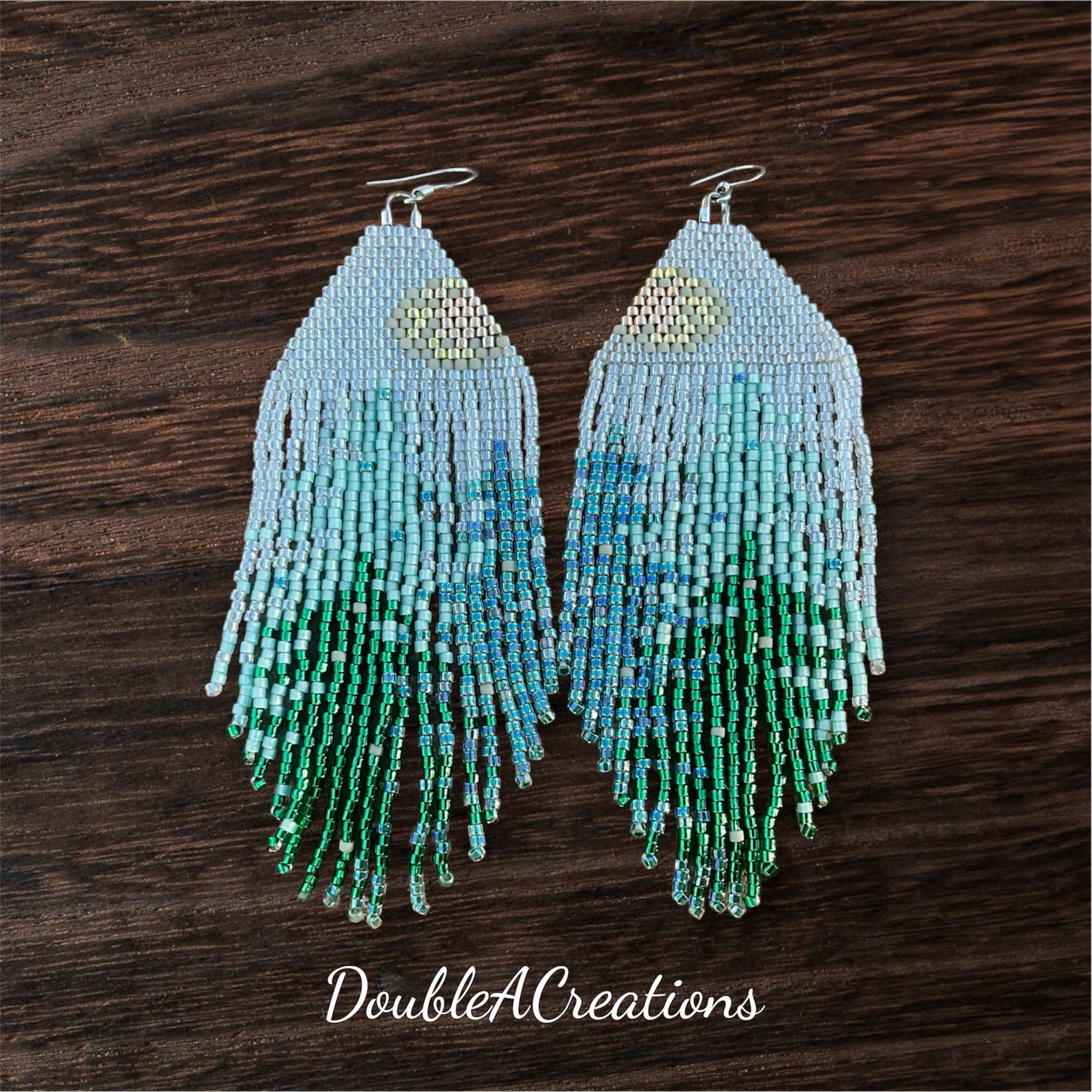Pine Trees Beaded Earrings With Fringe, New, Handmade By Me