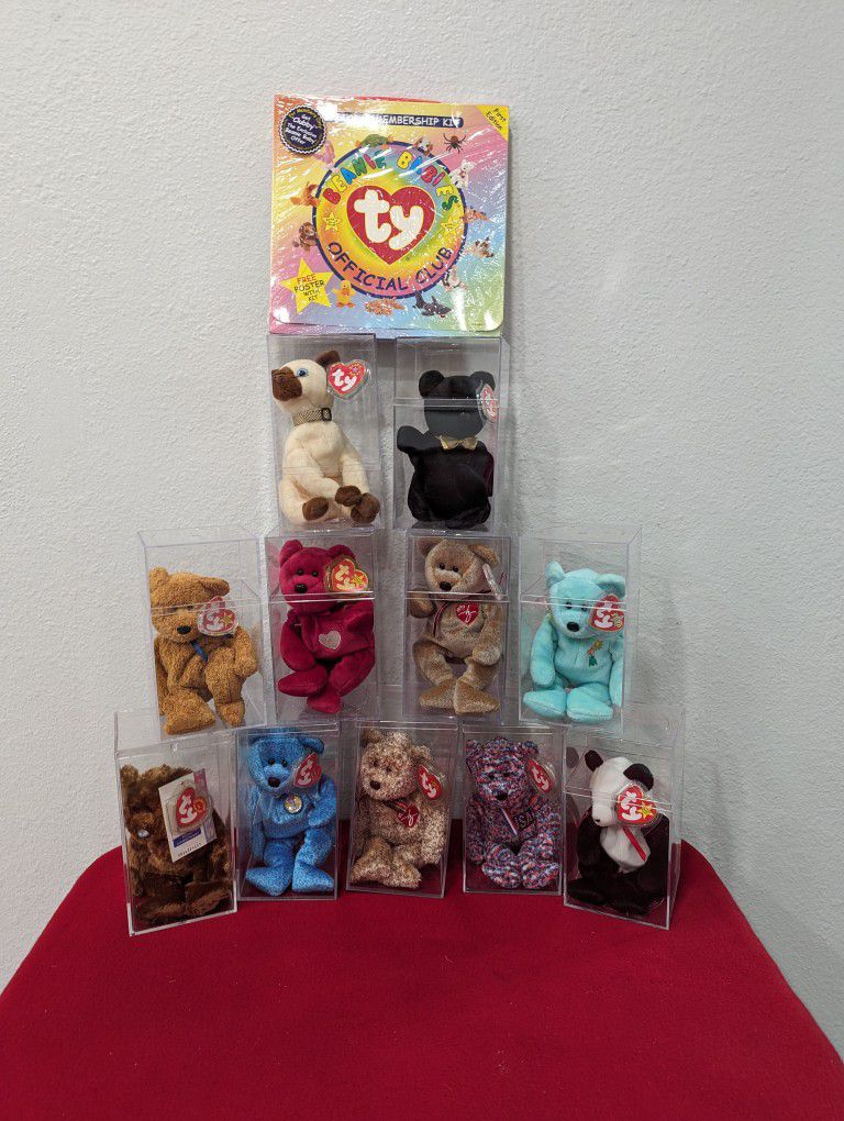 TY Beanie Babies Lot of 17 With Tags and Acrylic Cases + Sealed Official Membership Kit Collectible Vintage 1(contact info removed)