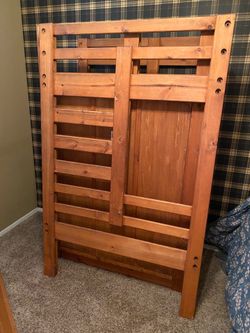Solid wood custom double twin bunk bed with built in stairs-$100. Higley and ray.