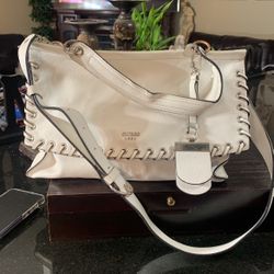 Guess White Andie Flap Handbag in Faux Leather with Interlacing On the Edge