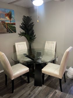 Glass Dining Table + White Leather Chairs – Good Condition ✨