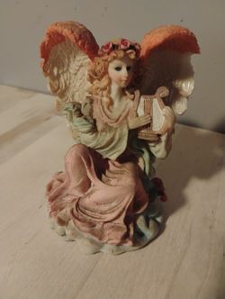 Vintage Resin Musical Angel Figurine Playing Harp with Pink Wings & Rose Wreath