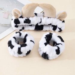 3pcs/Set Cartoon Cow Patterned Makeup Headband For Women, Can Be Used When Washing Face Or Taking A Bath. (Random Pattern Placement) Cute
