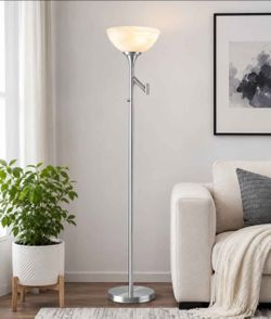 70" Silver Floor Lamp w/ Glass Shade Adjustable Swing Arm LED Bulb Included NEW